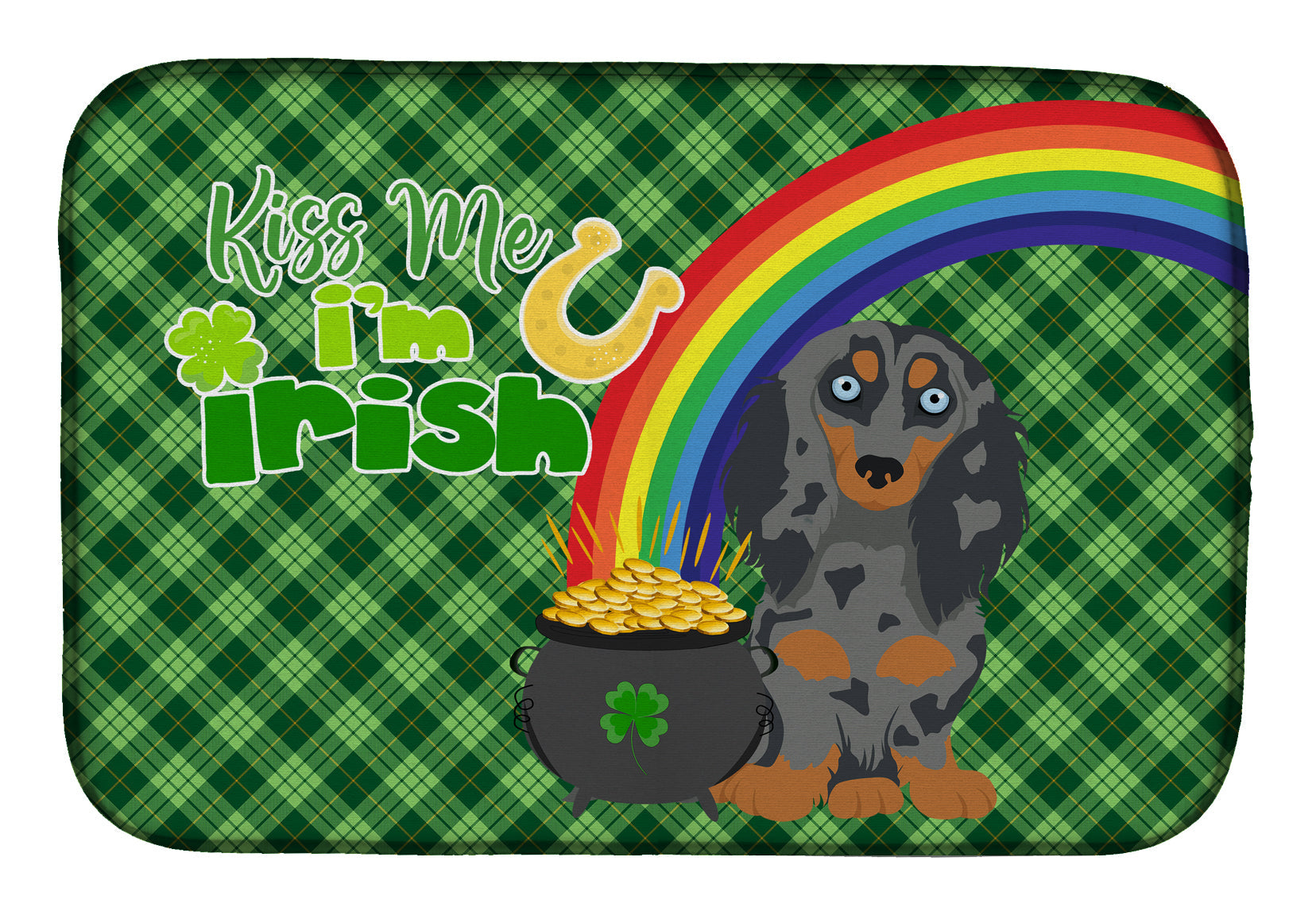Longhair Blue and Tan Dapple Dachshund St. Patrick's Day Dish Drying Mat Absorbent Dish Drying Mat Pad for Kitchen Counter Dish Drainer Mat for Countertop, 14 x 21", Multicolor