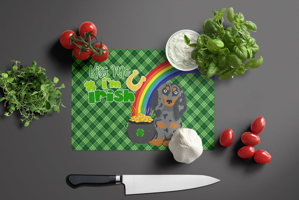 Longhair Blue and Tan Dapple Dachshund St. Patrick's Day Cutting Board Tempered Glass Kitchen Cutting Surface, Heat Resistant Chopping, Non-Slip Feet, Food Prep & Serving