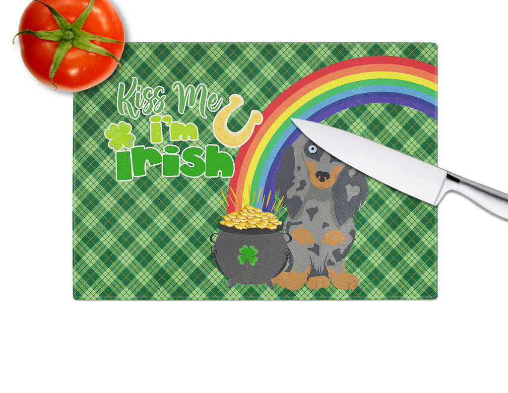 Longhair Blue and Tan Dapple Dachshund St. Patrick's Day Cutting Board Tempered Glass Kitchen Cutting Surface, Heat Resistant Chopping, Non-Slip Feet, Food Prep & Serving