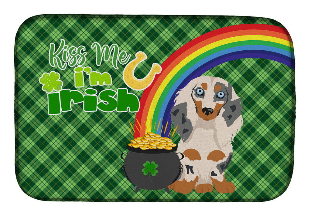 Longhair Cream Dapple Dachshund St. Patrick's Day Dish Drying Mat Absorbent Dish Drying Mat Pad for Kitchen Counter Dish Drainer Mat for Countertop, 14 x 21", Multicolor