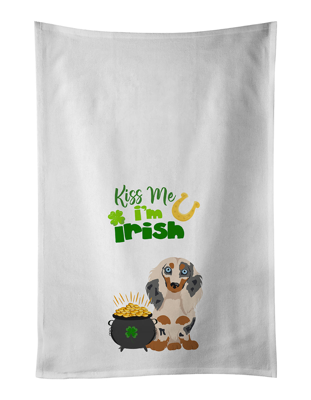 Longhair Cream Dapple Dachshund St. Patrick's Day Kitchen Towel Set of 2 White Dish Towels Decorative Bathroom Hand towel for Hand, Face, Hair, Yoga, Tea, Dishcloth, 19 X 28", White