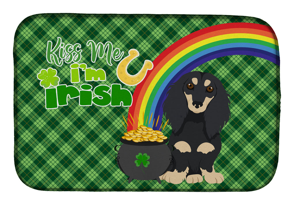 Longhair Black and Cream Dachshund St. Patrick's Day Dish Drying Mat Absorbent Dish Drying Mat Pad for Kitchen Counter Dish Drainer Mat for Countertop, 14 x 21", Multicolor