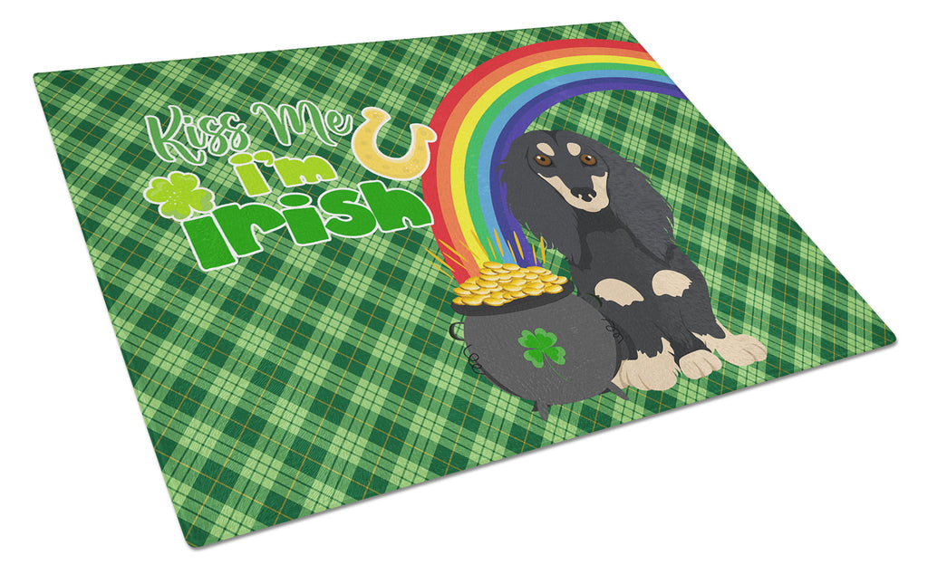 Longhair Black and Cream Dachshund St. Patrick's Day Cutting Board Tempered Glass Kitchen Cutting Surface, Heat Resistant Chopping, Non-Slip Feet, Food Prep & Serving