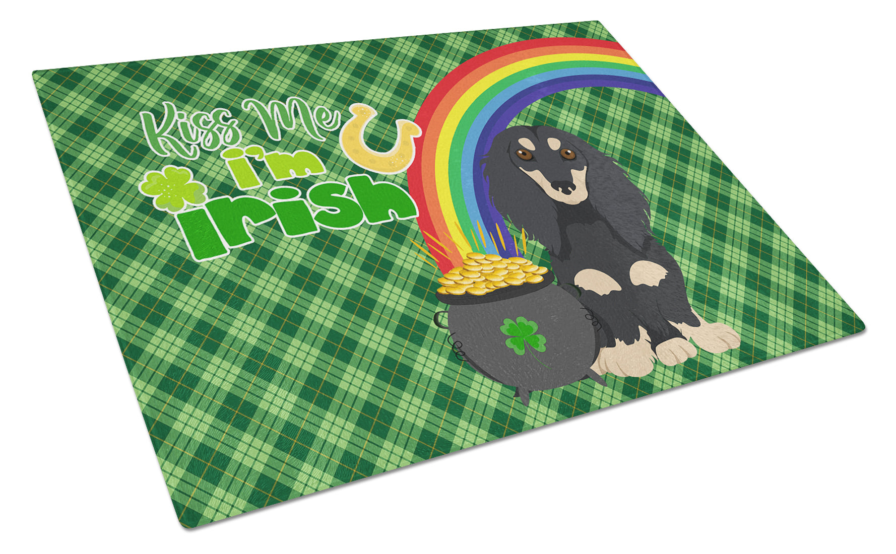 Longhair Black and Cream Dachshund St. Patrick's Day Cutting Board Tempered Glass Kitchen Cutting Surface, Heat Resistant Chopping, Non-Slip Feet, Food Prep & Serving
