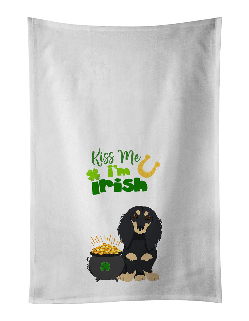 Longhair Black and Cream Dachshund St. Patrick's Day Kitchen Towel Set of 2 White Dish Towels Decorative Bathroom Hand towel for Hand, Face, Hair, Yoga, Tea, Dishcloth, 19 X 28", White
