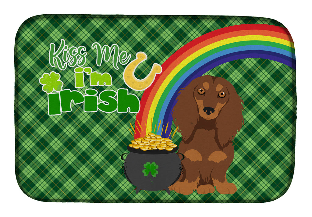 Longhair Chocolate and Tan Dachshund St. Patrick's Day Dish Drying Mat Absorbent Dish Drying Mat Pad for Kitchen Counter Dish Drainer Mat for Countertop, 14 x 21", Multicolor
