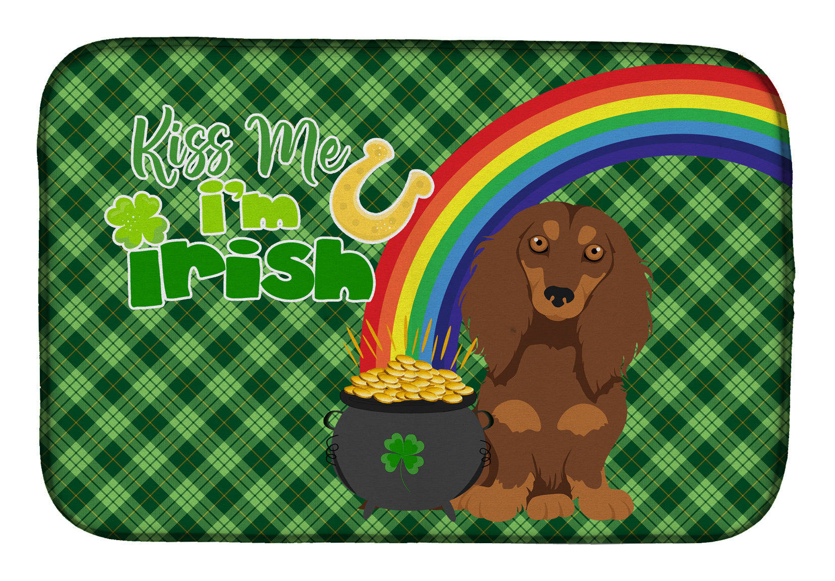Longhair Chocolate and Tan Dachshund St. Patrick's Day Dish Drying Mat Absorbent Dish Drying Mat Pad for Kitchen Counter Dish Drainer Mat for Countertop, 14 x 21", Multicolor