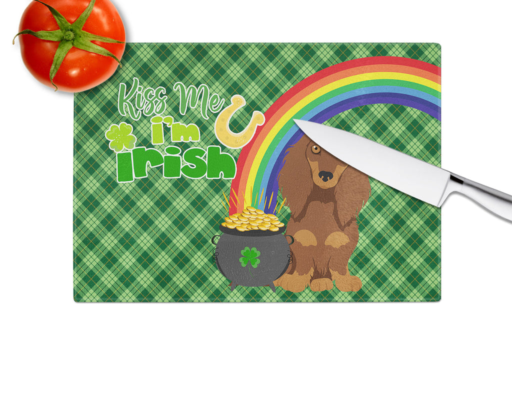 Longhair Chocolate and Tan Dachshund St. Patrick's Day Cutting Board Tempered Glass Kitchen Cutting Surface, Heat Resistant Chopping, Non-Slip Feet, Food Prep & Serving