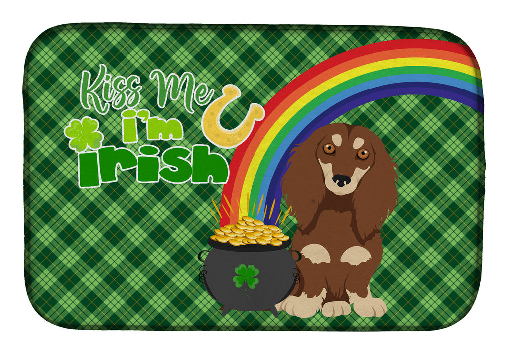 Longhair Chocolate and Cream Dachshund St. Patrick's Day Dish Drying Mat Absorbent Dish Drying Mat Pad for Kitchen Counter Dish Drainer Mat for Countertop, 14 x 21", Multicolor