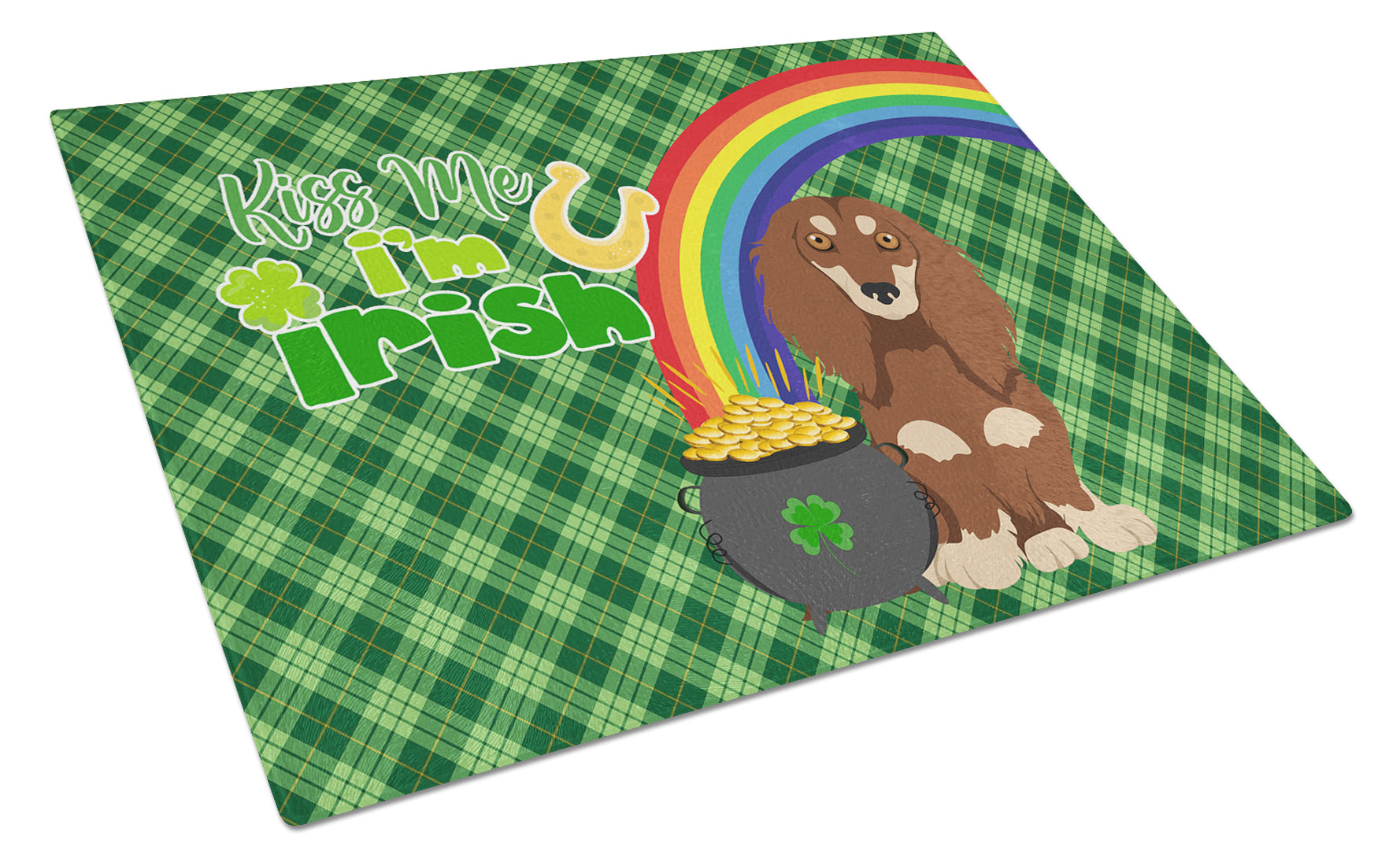 Longhair Chocolate and Cream Dachshund St. Patrick's Day Cutting Board Tempered Glass Kitchen Cutting Surface, Heat Resistant Chopping, Non-Slip Feet, Food Prep & Serving