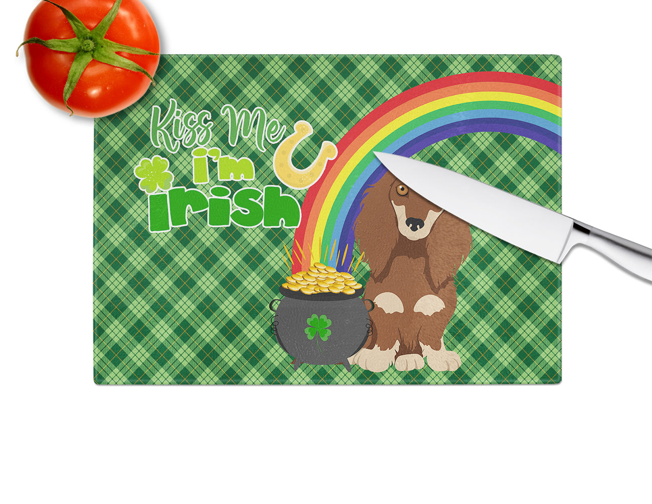 Longhair Chocolate and Cream Dachshund St. Patrick's Day Cutting Board Tempered Glass Kitchen Cutting Surface, Heat Resistant Chopping, Non-Slip Feet, Food Prep & Serving
