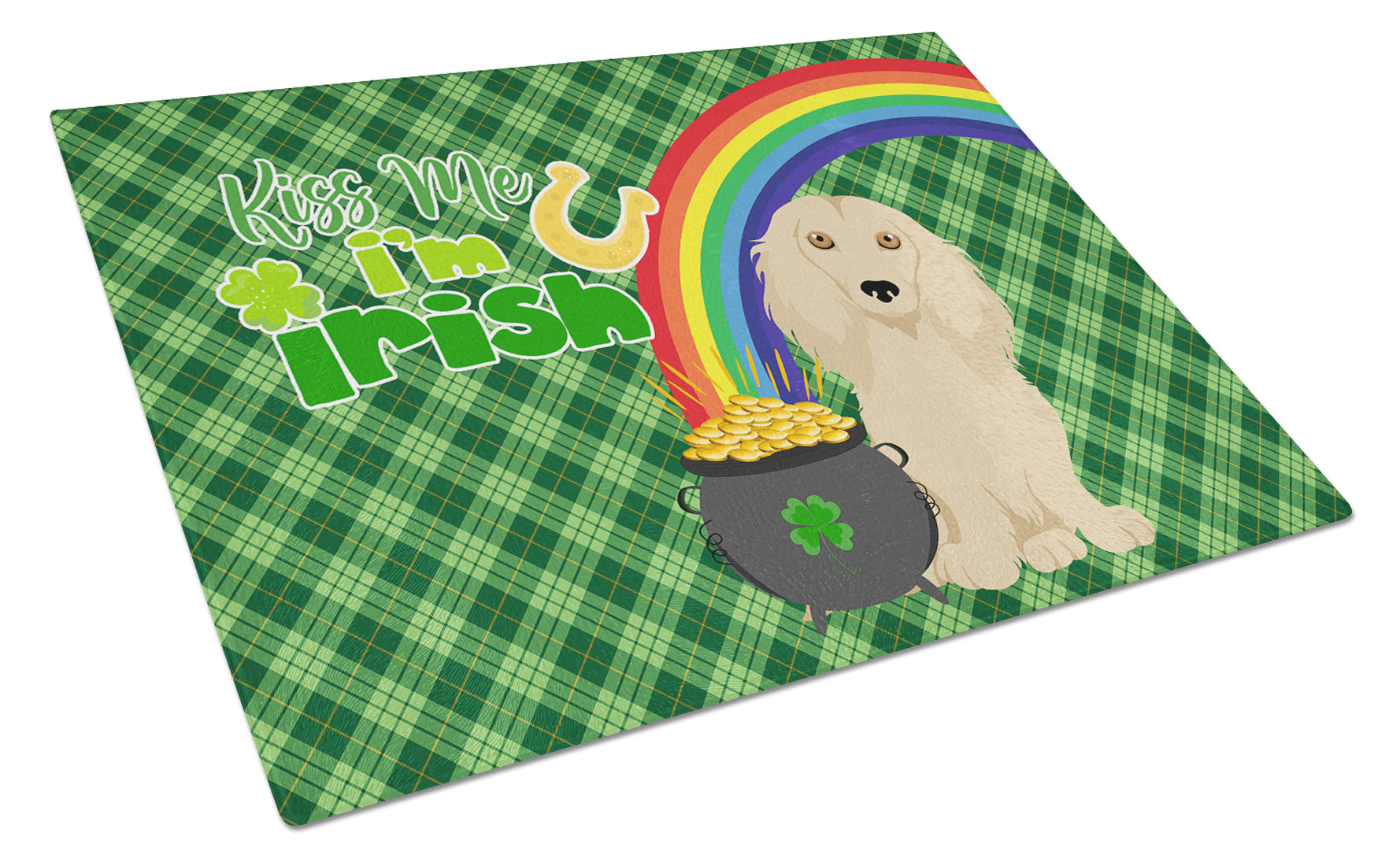 Longhair Cream Dachshund St. Patrick's Day Cutting Board Tempered Glass Kitchen Cutting Surface, Heat Resistant Chopping, Non-Slip Feet, Food Prep & Serving