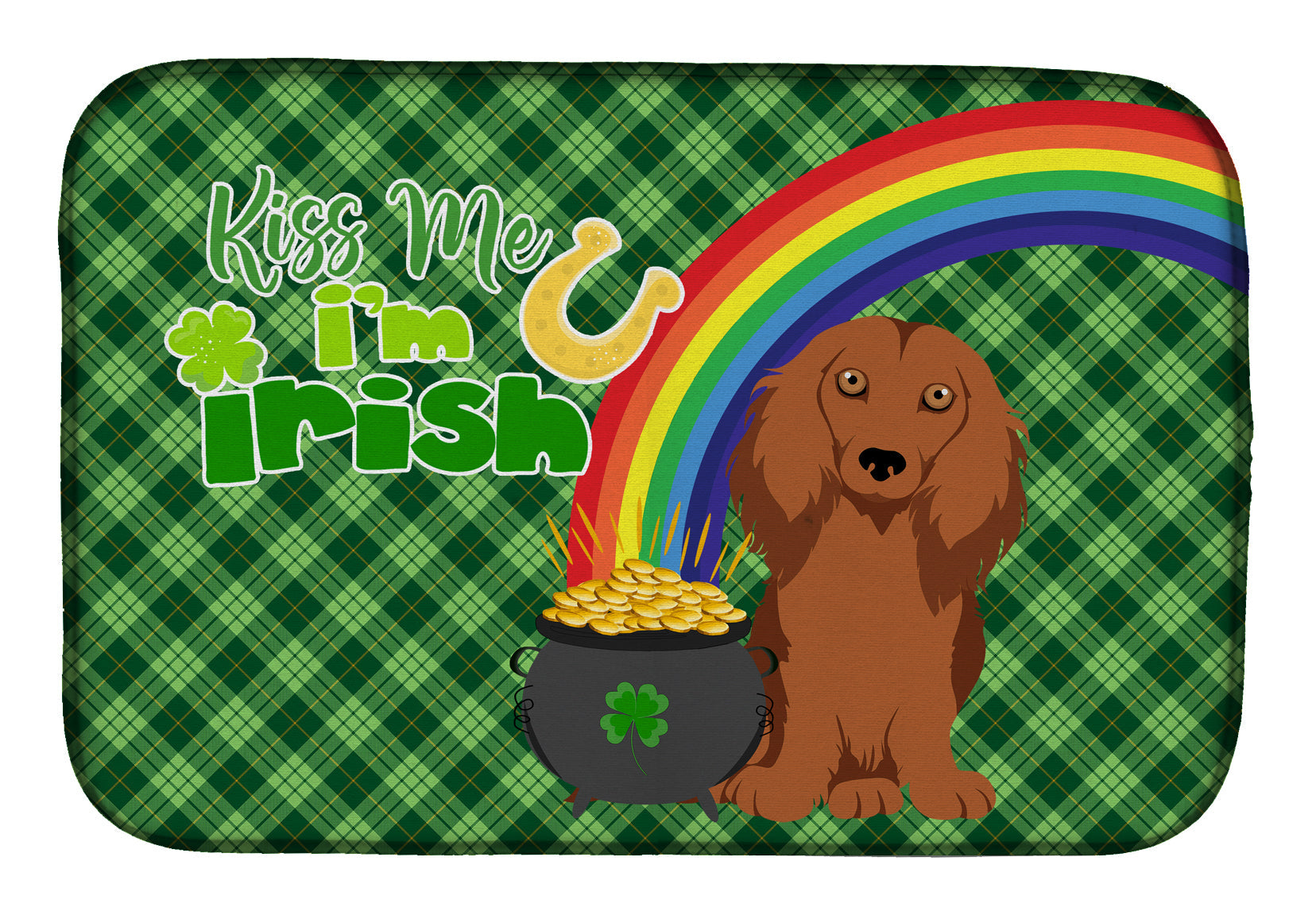 Longhair Red Dachshund St. Patrick's Day Dish Drying Mat Absorbent Dish Drying Mat Pad for Kitchen Counter Dish Drainer Mat for Countertop, 14 x 21", Multicolor