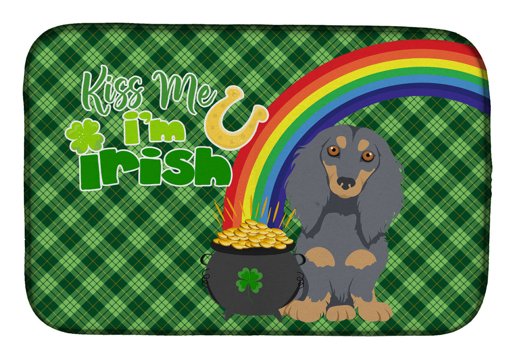 Longhair Blue and Tan Dachshund St. Patrick's Day Dish Drying Mat Absorbent Dish Drying Mat Pad for Kitchen Counter Dish Drainer Mat for Countertop, 14 x 21", Multicolor