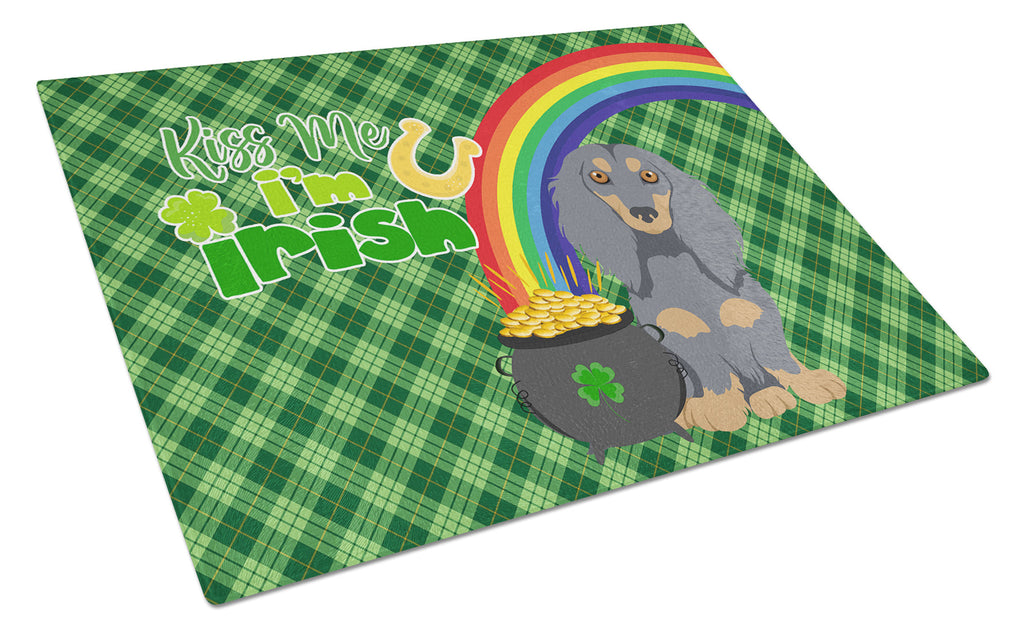 Longhair Blue and Tan Dachshund St. Patrick's Day Cutting Board Tempered Glass Kitchen Cutting Surface, Heat Resistant Chopping, Non-Slip Feet, Food Prep & Serving