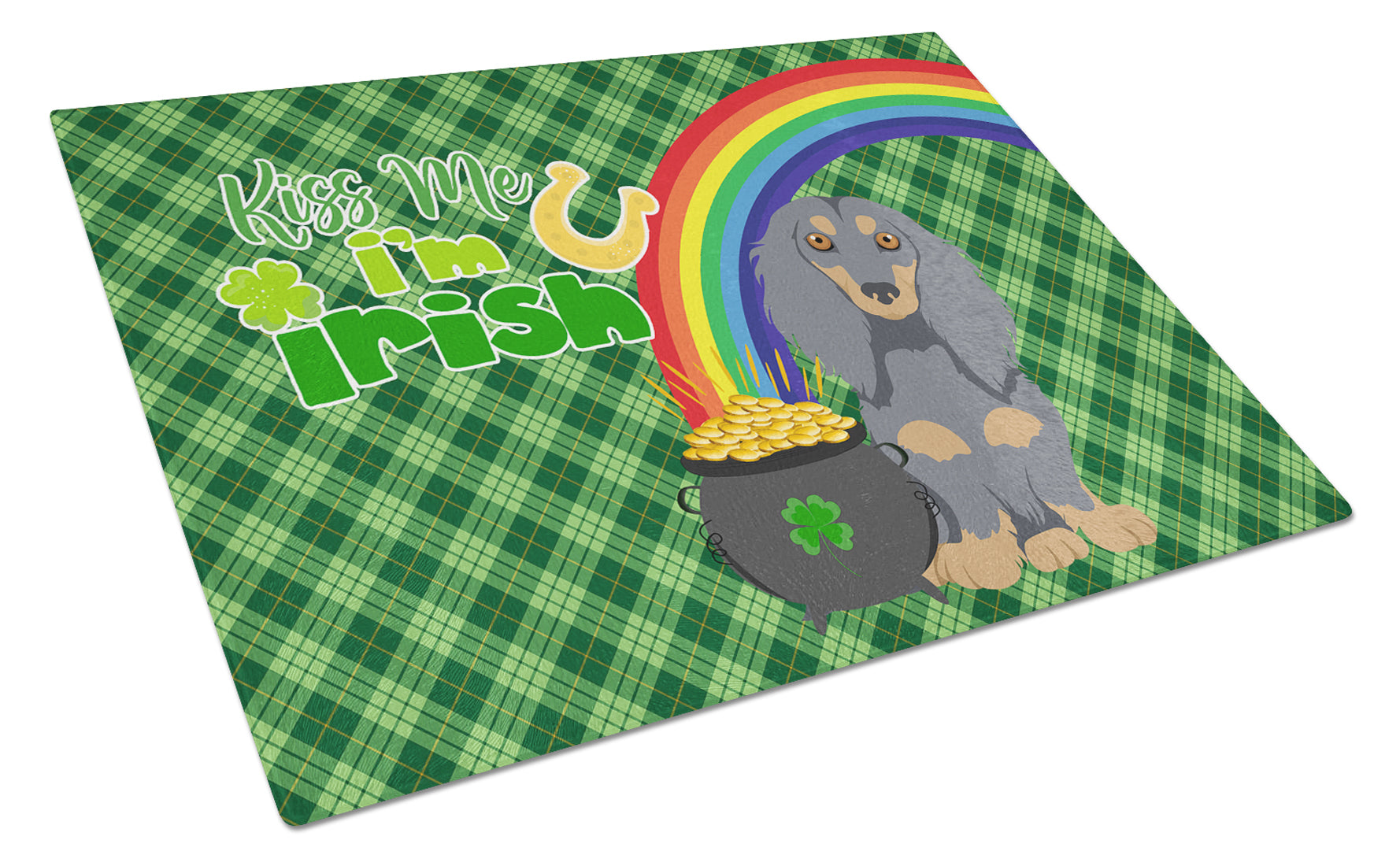 Longhair Blue and Tan Dachshund St. Patrick's Day Cutting Board Tempered Glass Kitchen Cutting Surface, Heat Resistant Chopping, Non-Slip Feet, Food Prep & Serving
