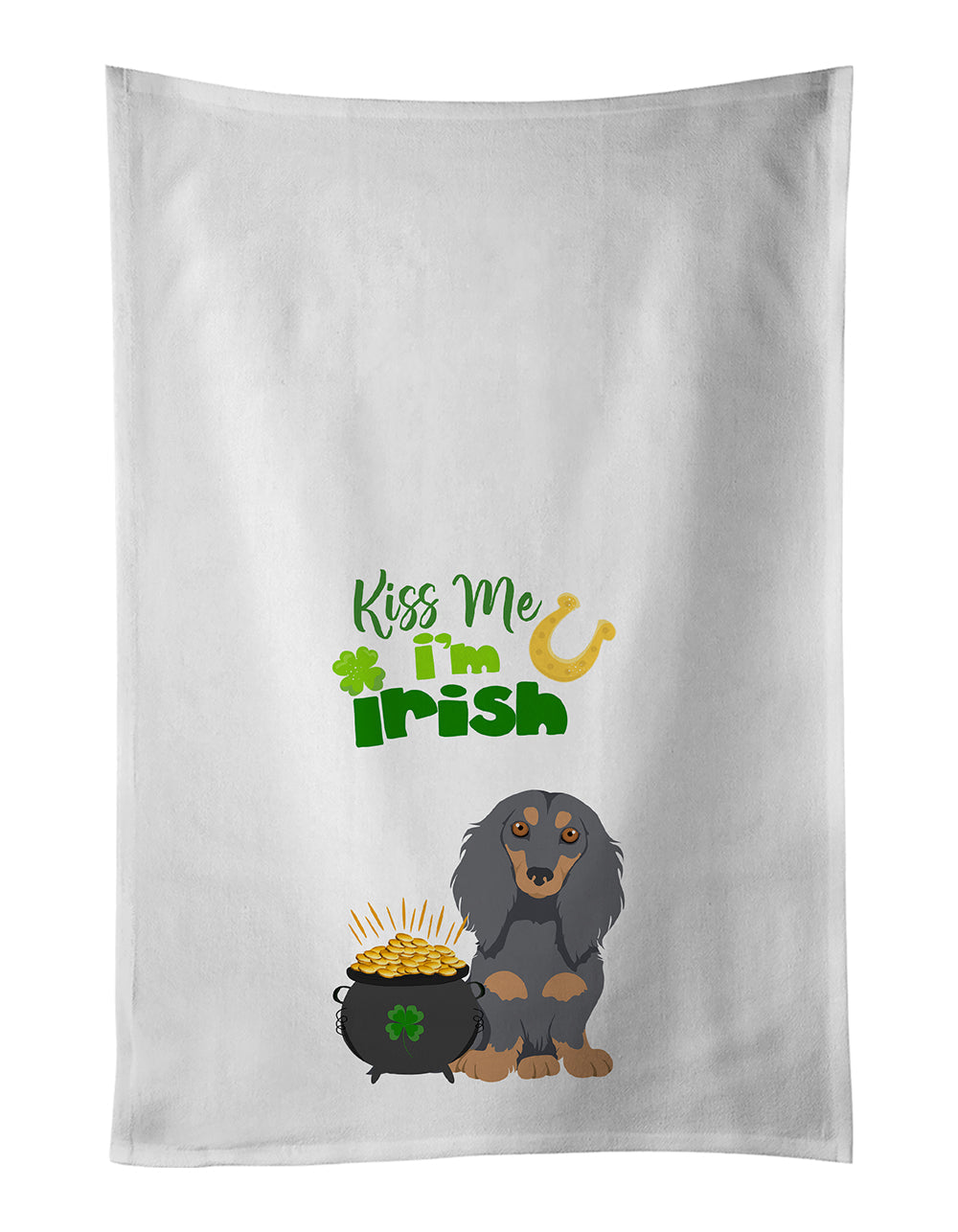 Longhair Blue and Tan Dachshund St. Patrick's Day Kitchen Towel Set of 2 White Dish Towels Decorative Bathroom Hand towel for Hand, Face, Hair, Yoga, Tea, Dishcloth, 19 X 28", White