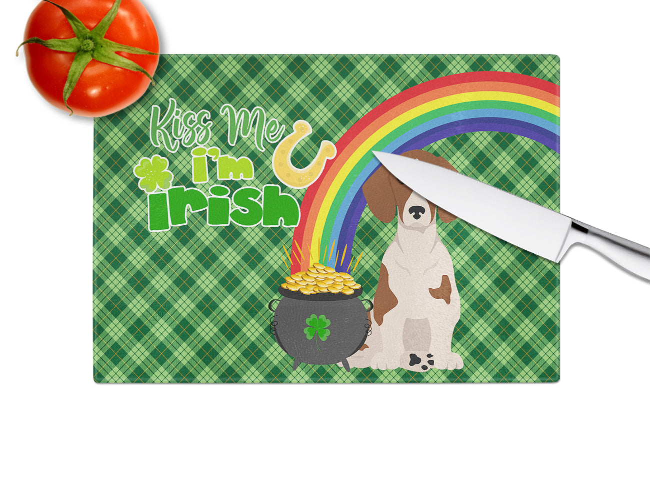 Red Piebald Dachshund St. Patrick's Day Cutting Board Tempered Glass Kitchen Cutting Surface, Heat Resistant Chopping, Non-Slip Feet, Food Prep & Serving