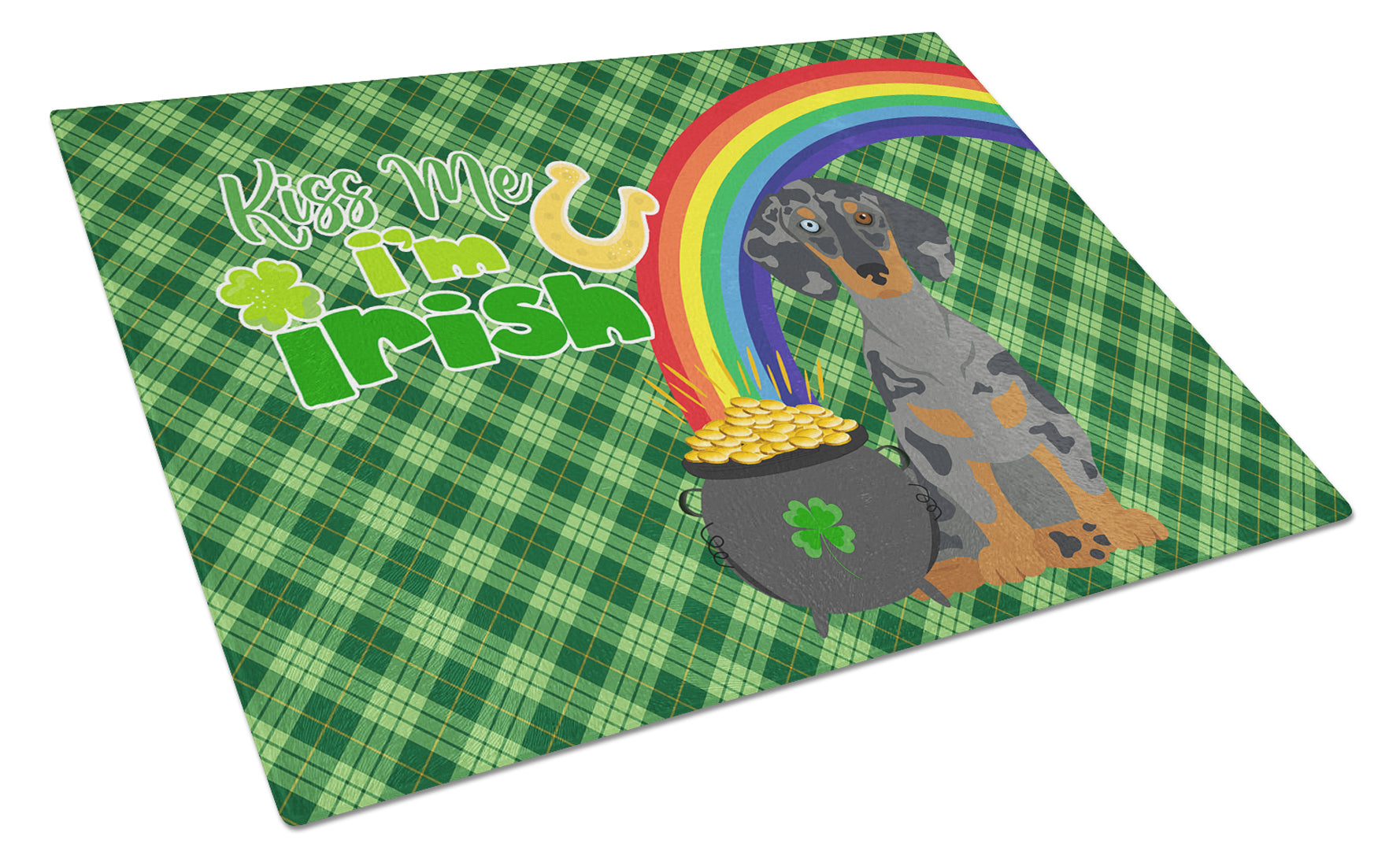 Black Dapple Dachshund St. Patrick's Day Cutting Board Tempered Glass Kitchen Cutting Surface, Heat Resistant Chopping, Non-Slip Feet, Food Prep & Serving