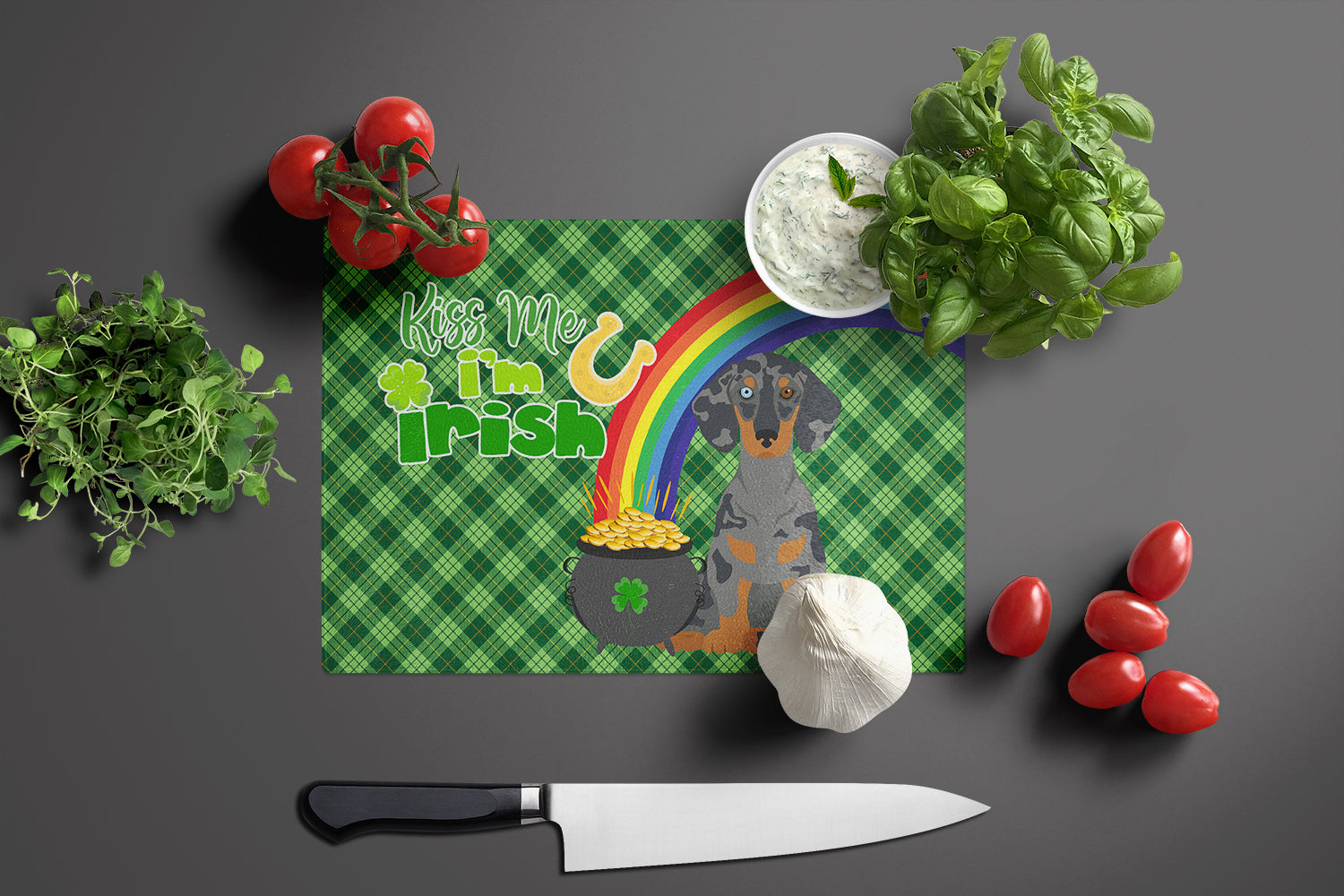 Black Dapple Dachshund St. Patrick's Day Cutting Board Tempered Glass Kitchen Cutting Surface, Heat Resistant Chopping, Non-Slip Feet, Food Prep & Serving