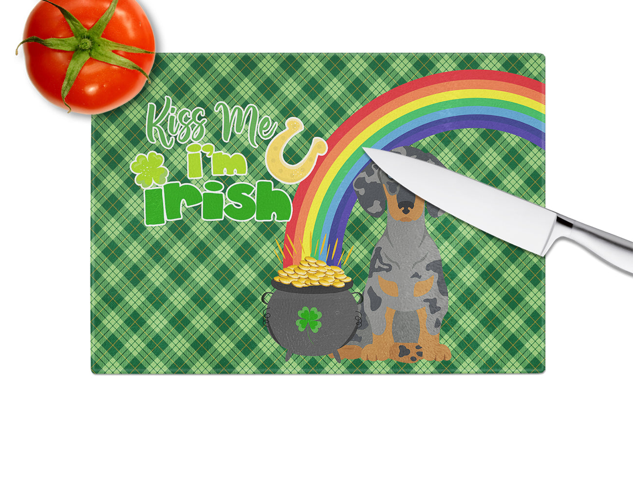 Black Dapple Dachshund St. Patrick's Day Cutting Board Tempered Glass Kitchen Cutting Surface, Heat Resistant Chopping, Non-Slip Feet, Food Prep & Serving