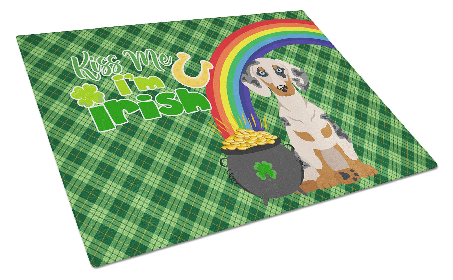 Cream Dapple Dachshund St. Patrick's Day Cutting Board Tempered Glass Kitchen Cutting Surface, Heat Resistant Chopping, Non-Slip Feet, Food Prep & Serving