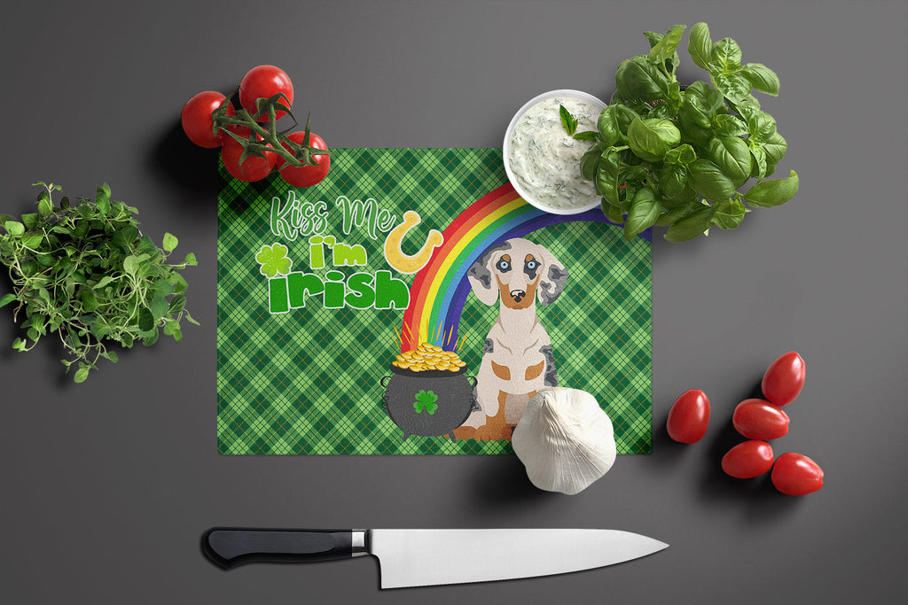 Cream Dapple Dachshund St. Patrick's Day Cutting Board Tempered Glass Kitchen Cutting Surface, Heat Resistant Chopping, Non-Slip Feet, Food Prep & Serving