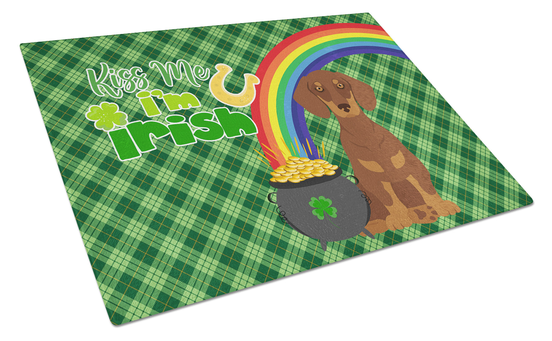 Chocolate and Tan Dachshund St. Patrick's Day Cutting Board Tempered Glass Kitchen Cutting Surface, Heat Resistant Chopping, Non-Slip Feet, Food Prep & Serving