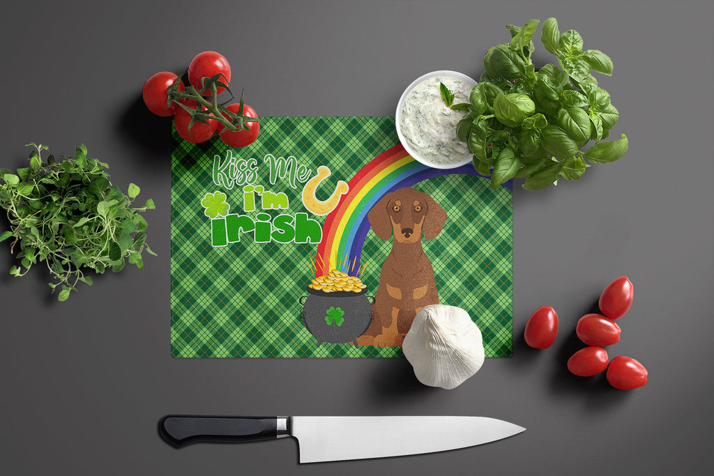 Chocolate and Tan Dachshund St. Patrick's Day Cutting Board Tempered Glass Kitchen Cutting Surface, Heat Resistant Chopping, Non-Slip Feet, Food Prep & Serving