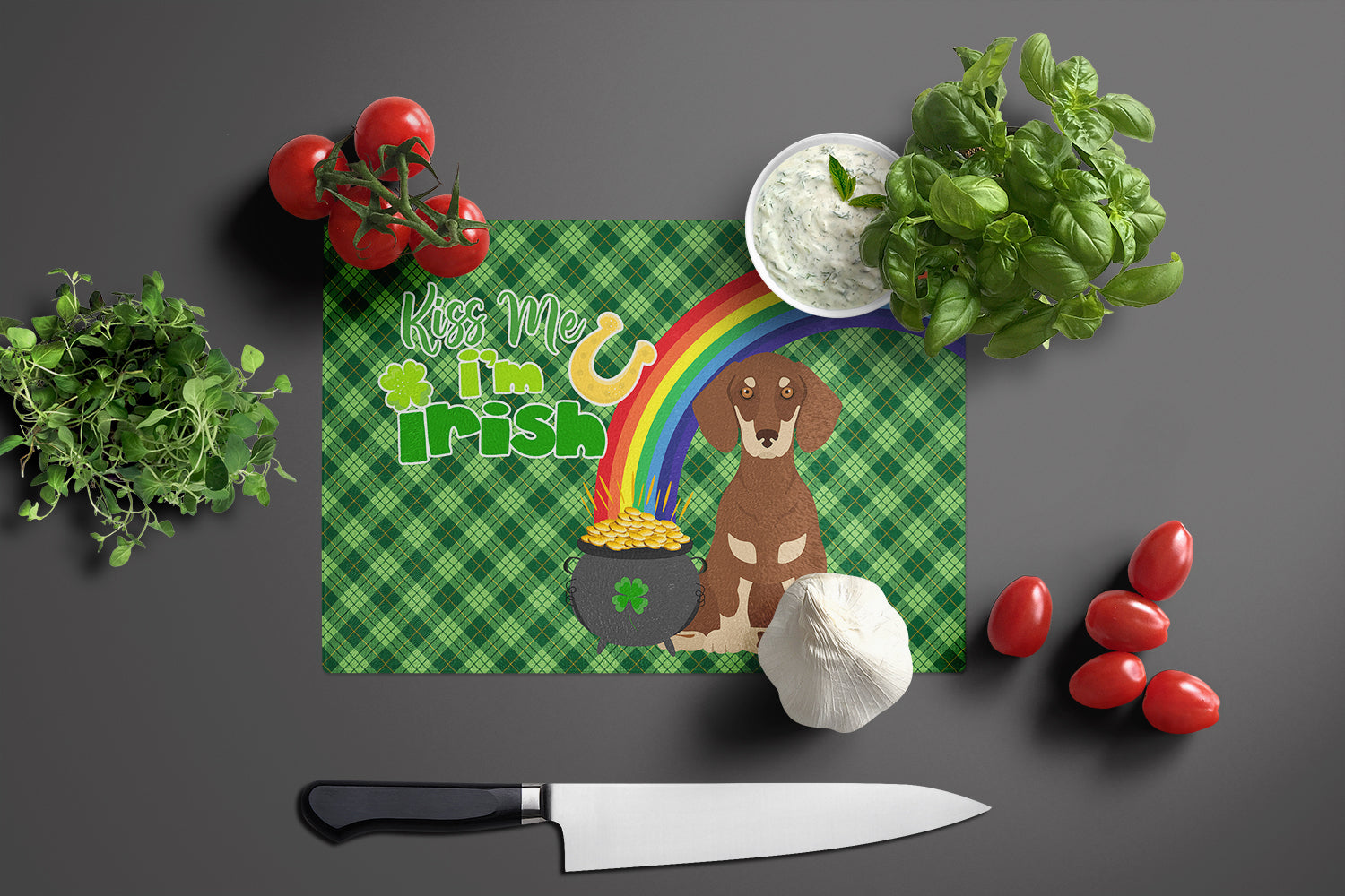 Chocolate and Cream Dachshund St. Patrick's Day Cutting Board Tempered Glass Kitchen Cutting Surface, Heat Resistant Chopping, Non-Slip Feet, Food Prep & Serving