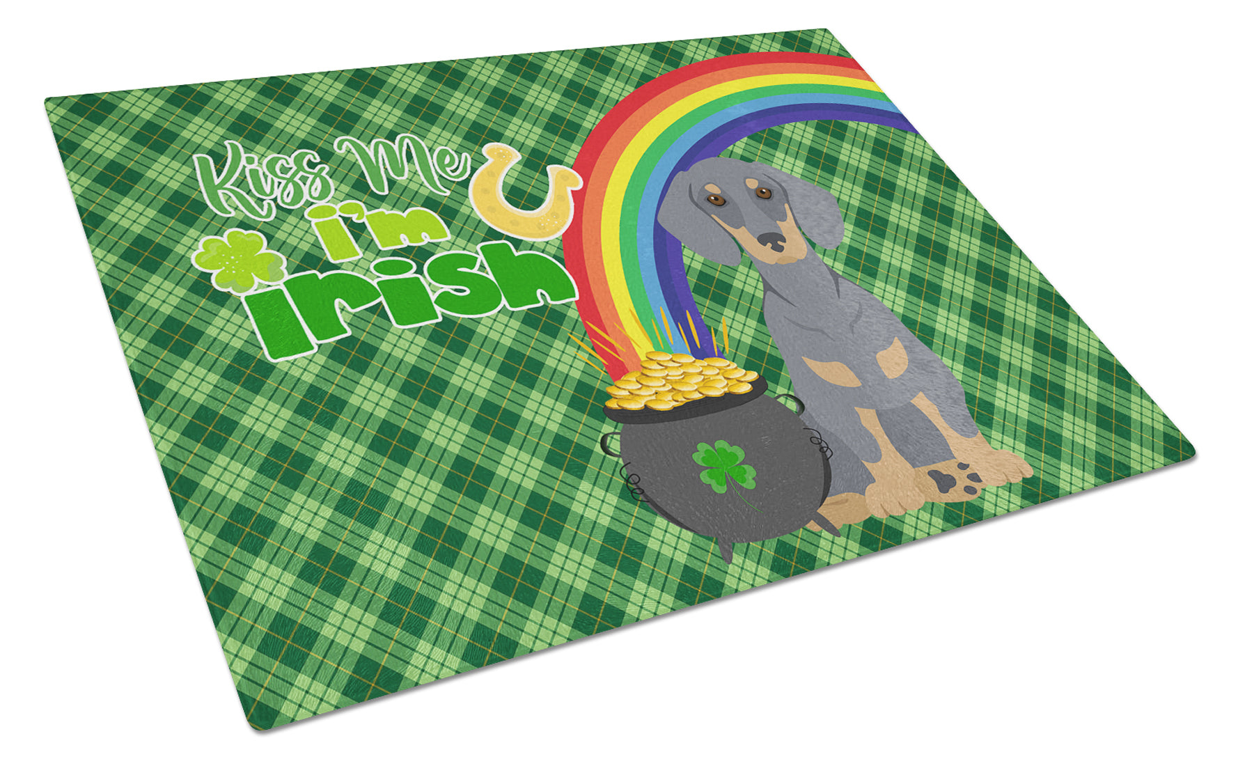 Blue and Tan Dachshund St. Patrick's Day Cutting Board Tempered Glass Kitchen Cutting Surface, Heat Resistant Chopping, Non-Slip Feet, Food Prep & Serving