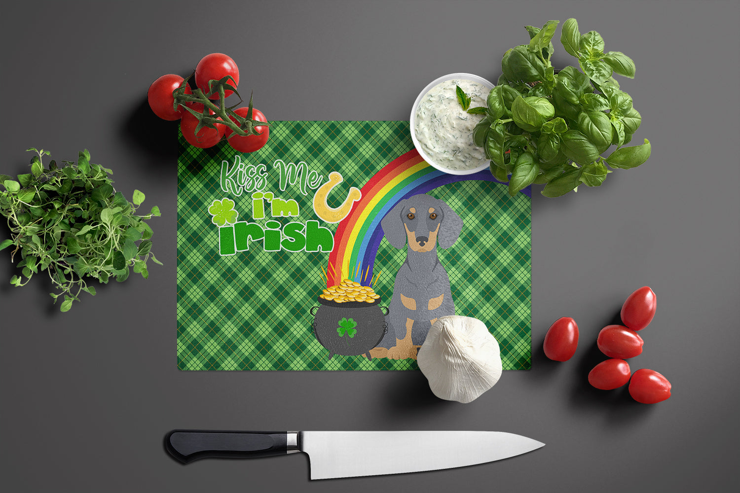 Blue and Tan Dachshund St. Patrick's Day Cutting Board Tempered Glass Kitchen Cutting Surface, Heat Resistant Chopping, Non-Slip Feet, Food Prep & Serving