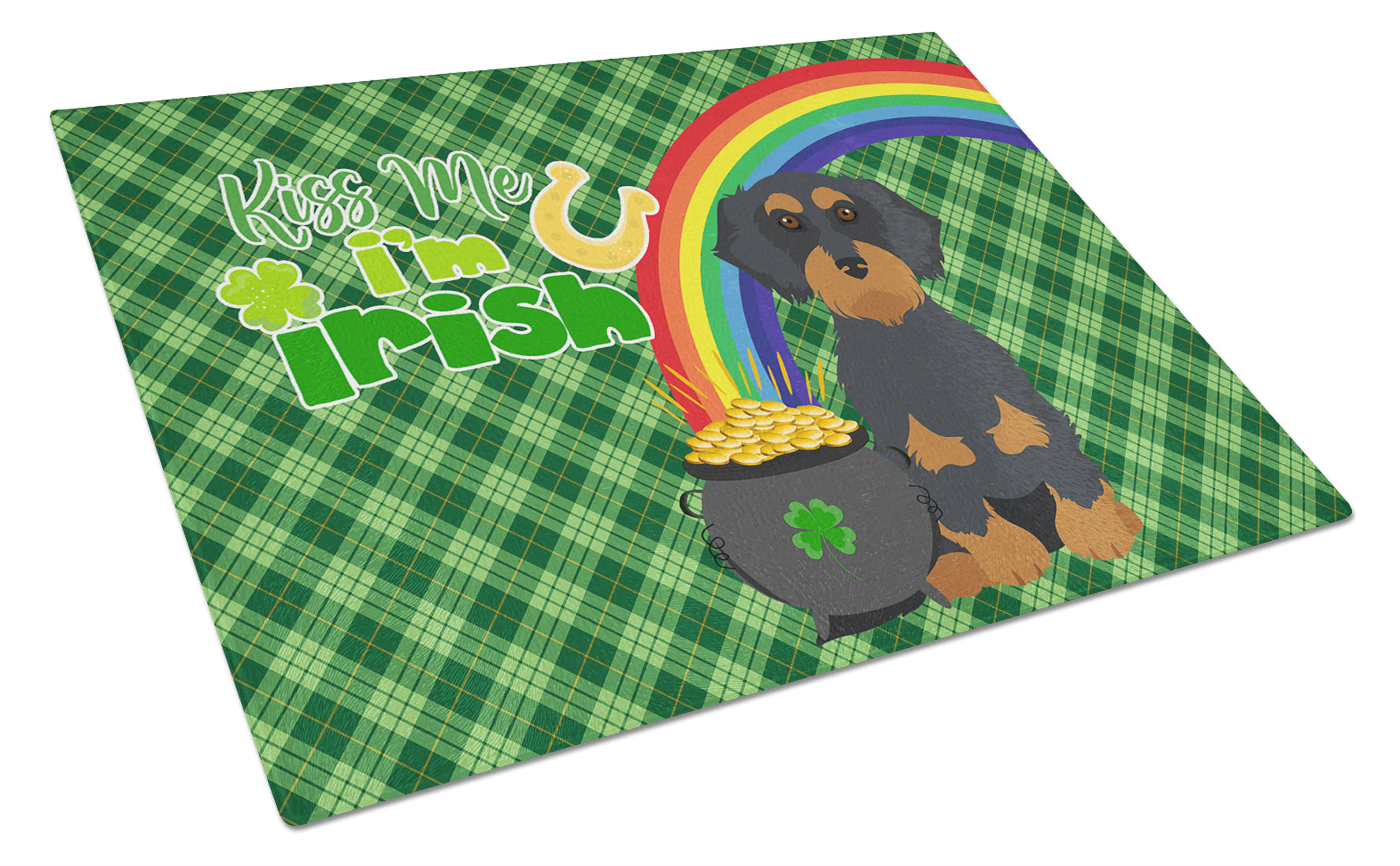 Wirehair Black and Tan Dachshund St. Patrick's Day Cutting Board Tempered Glass Kitchen Cutting Surface, Heat Resistant Chopping, Non-Slip Feet, Food Prep & Serving