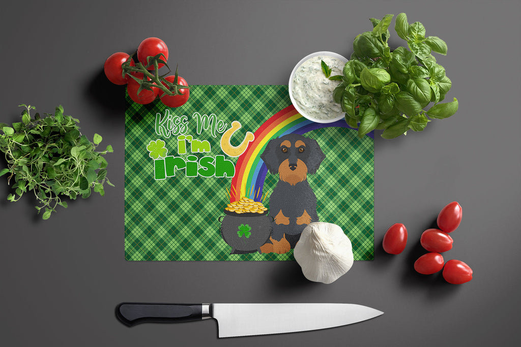 Wirehair Black and Tan Dachshund St. Patrick's Day Cutting Board Tempered Glass Kitchen Cutting Surface, Heat Resistant Chopping, Non-Slip Feet, Food Prep & Serving