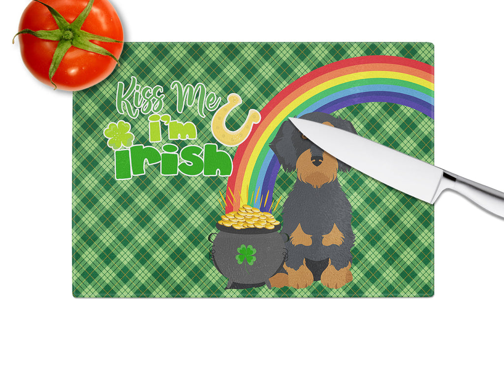 Wirehair Black and Tan Dachshund St. Patrick's Day Cutting Board Tempered Glass Kitchen Cutting Surface, Heat Resistant Chopping, Non-Slip Feet, Food Prep & Serving