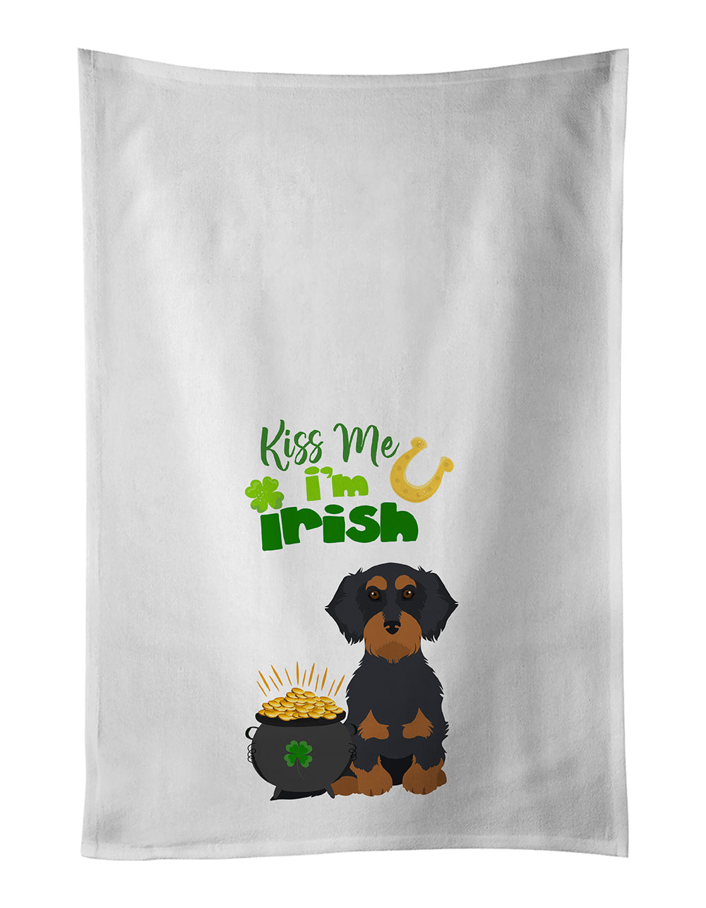 Wirehair Black and Tan Dachshund St. Patrick's Day Kitchen Towel Set of 2 White Dish Towels Decorative Bathroom Hand towel for Hand, Face, Hair, Yoga, Tea, Dishcloth, 19 X 28", White