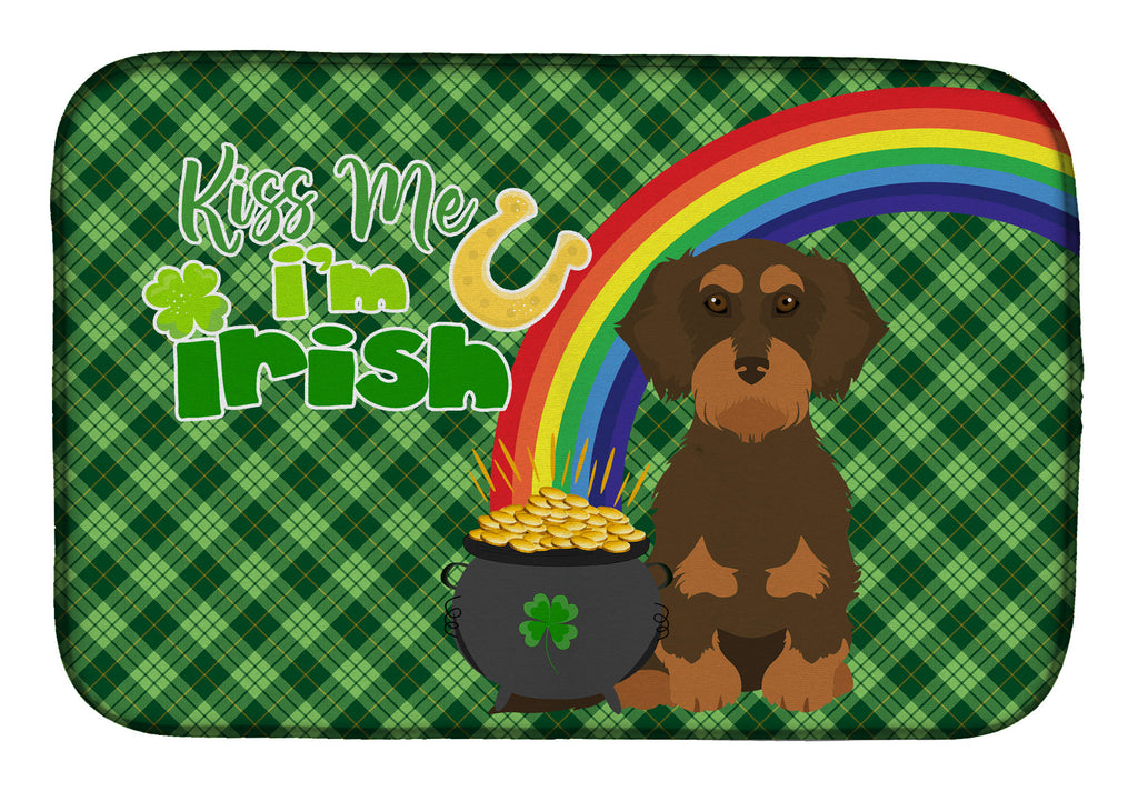 Wirehair Chocolate and Tan Dachshund St. Patrick's Day Dish Drying Mat Absorbent Dish Drying Mat Pad for Kitchen Counter Dish Drainer Mat for Countertop, 14 x 21", Multicolor