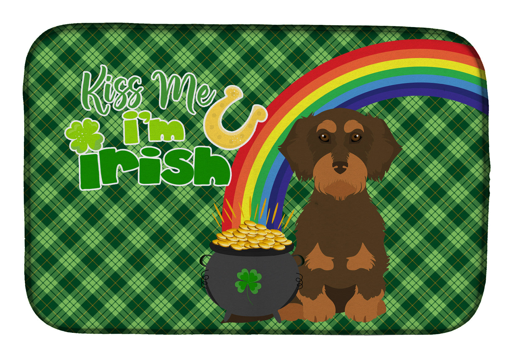 Wirehair Chocolate and Tan Dachshund St. Patrick's Day Dish Drying Mat Absorbent Dish Drying Mat Pad for Kitchen Counter Dish Drainer Mat for Countertop, 14 x 21", Multicolor