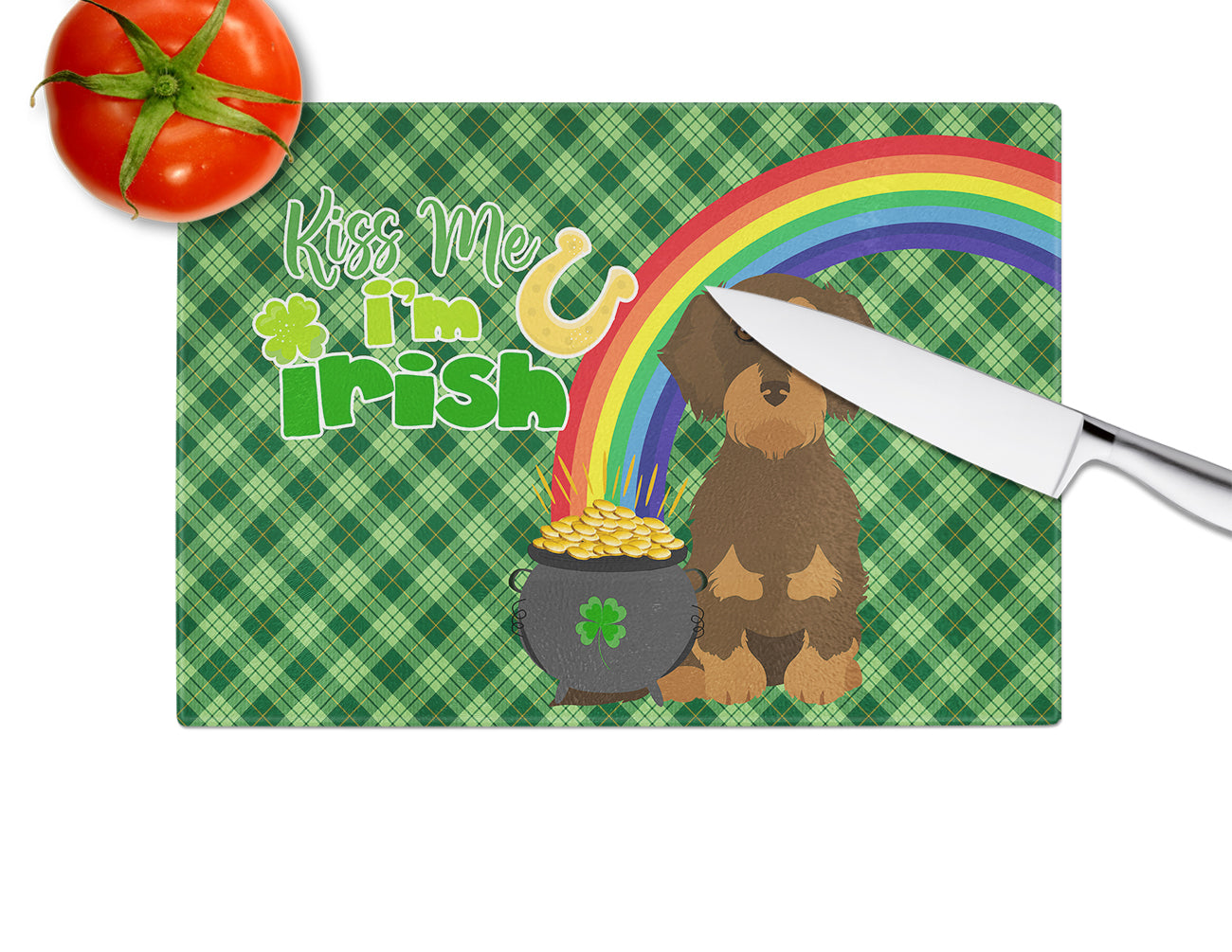 Wirehair Chocolate and Tan Dachshund St. Patrick's Day Cutting Board Tempered Glass Kitchen Cutting Surface, Heat Resistant Chopping, Non-Slip Feet, Food Prep & Serving
