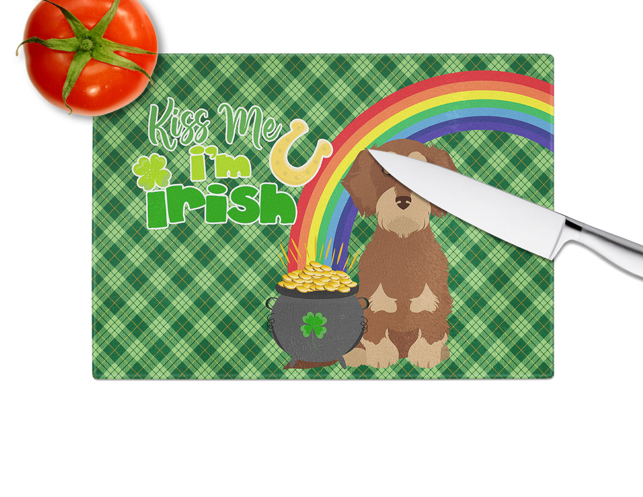 Wirehair Red and Tan Dachshund St. Patrick's Day Cutting Board Tempered Glass Kitchen Cutting Surface, Heat Resistant Chopping, Non-Slip Feet, Food Prep & Serving
