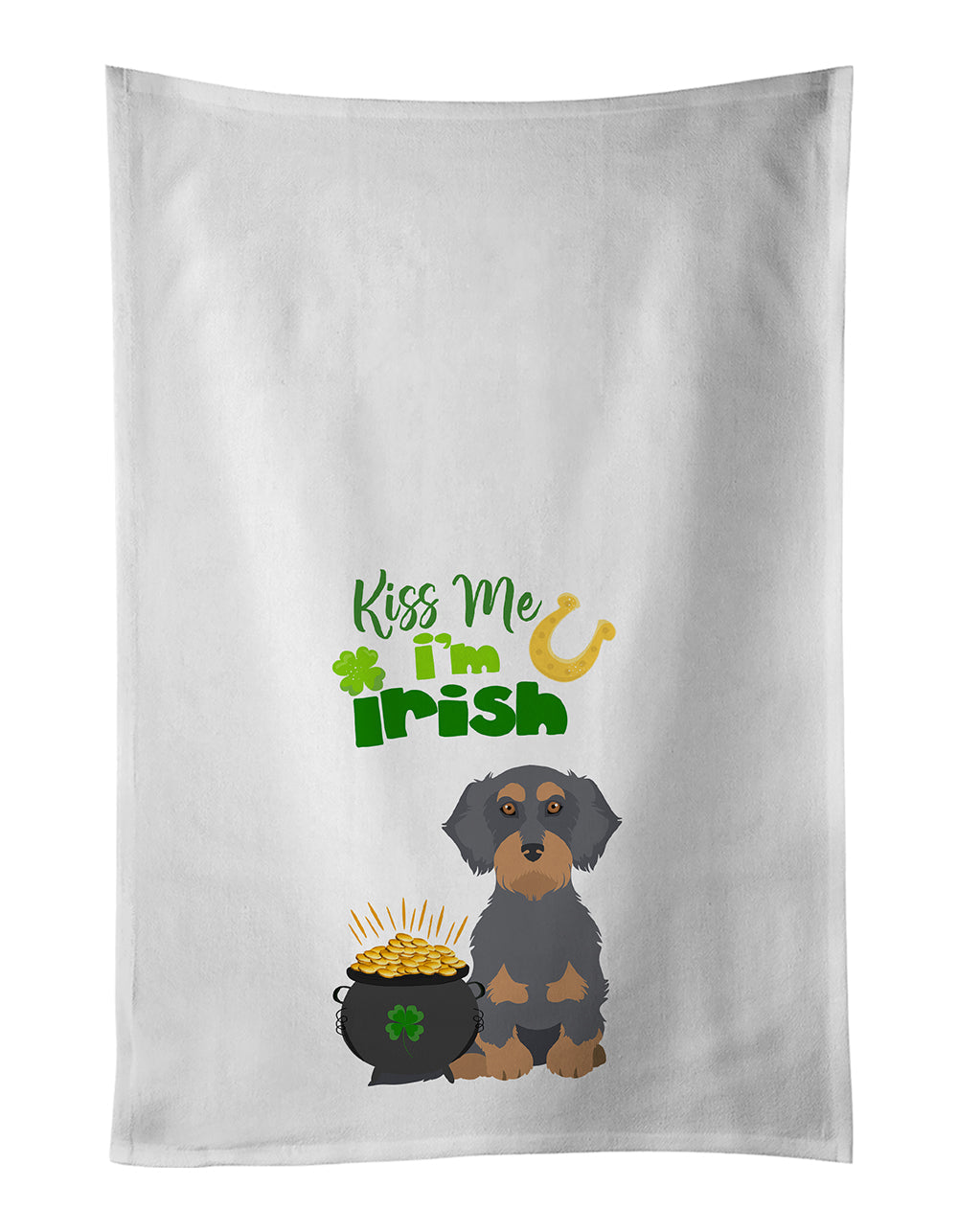 Wirehair Blue and Tan Dachshund St. Patrick's Day Kitchen Towel Set of 2 White Dish Towels Decorative Bathroom Hand towel for Hand, Face, Hair, Yoga, Tea, Dishcloth, 19 X 28", White