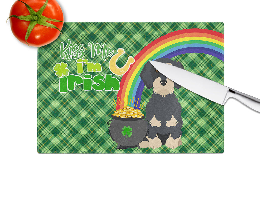 Wirehair Black and Cream Dachshund St. Patrick's Day Cutting Board Tempered Glass Kitchen Cutting Surface, Heat Resistant Chopping, Non-Slip Feet, Food Prep & Serving
