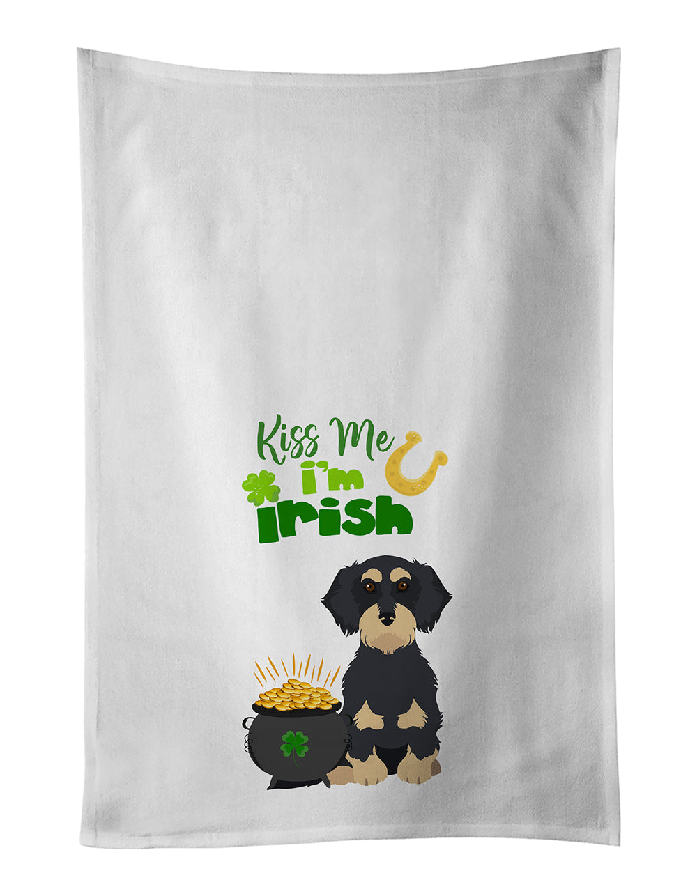 Wirehair Black and Cream Dachshund St. Patrick's Day Kitchen Towel Set of 2 White Dish Towels Decorative Bathroom Hand towel for Hand, Face, Hair, Yoga, Tea, Dishcloth, 19 X 28", White