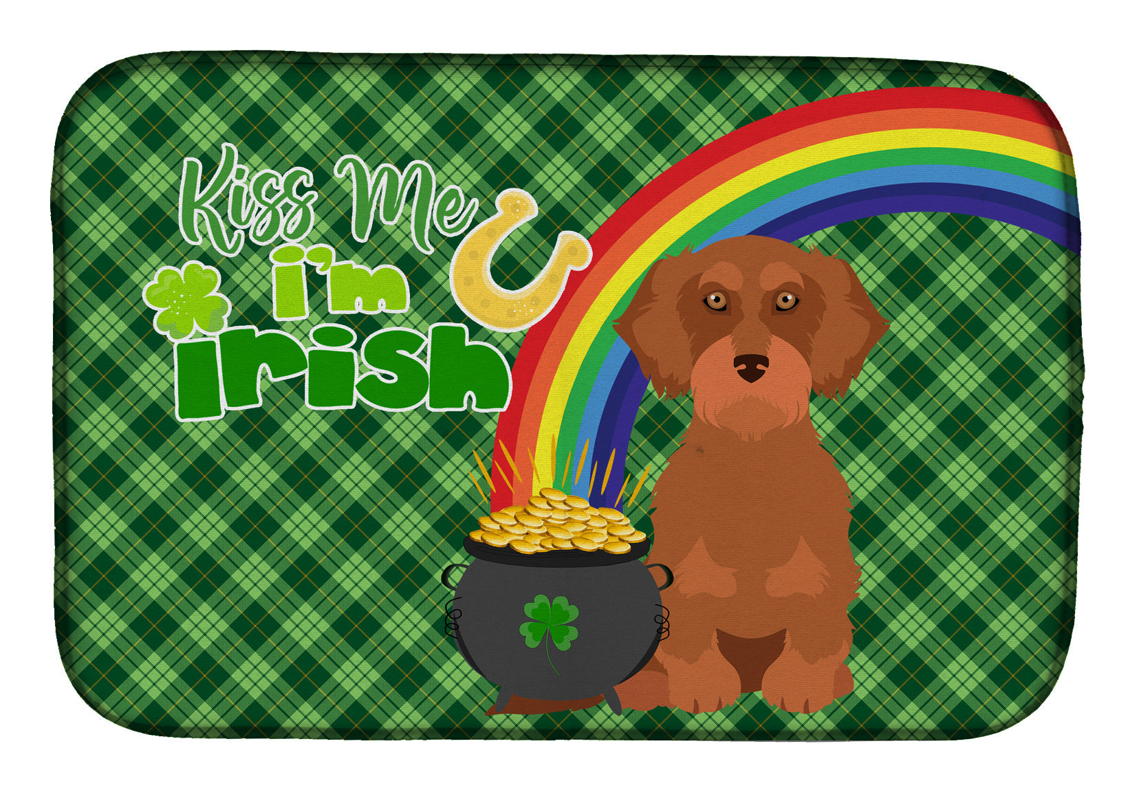 Wirehair Red Dachshund St. Patrick's Day Dish Drying Mat Absorbent Dish Drying Mat Pad for Kitchen Counter Dish Drainer Mat for Countertop, 14 x 21", Multicolor