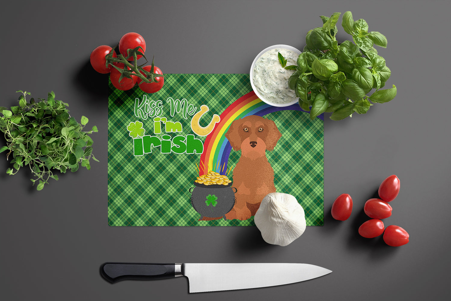Wirehair Red Dachshund St. Patrick's Day Cutting Board Tempered Glass Kitchen Cutting Surface, Heat Resistant Chopping, Non-Slip Feet, Food Prep & Serving