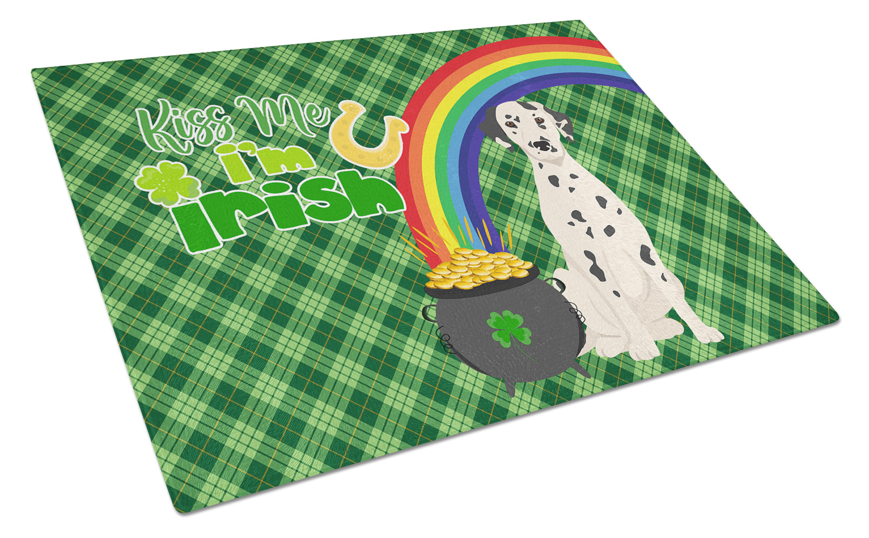 Dalmatian St. Patrick's Day Cutting Board Tempered Glass Kitchen Cutting Surface, Heat Resistant Chopping, Non-Slip Feet, Food Prep & Serving
