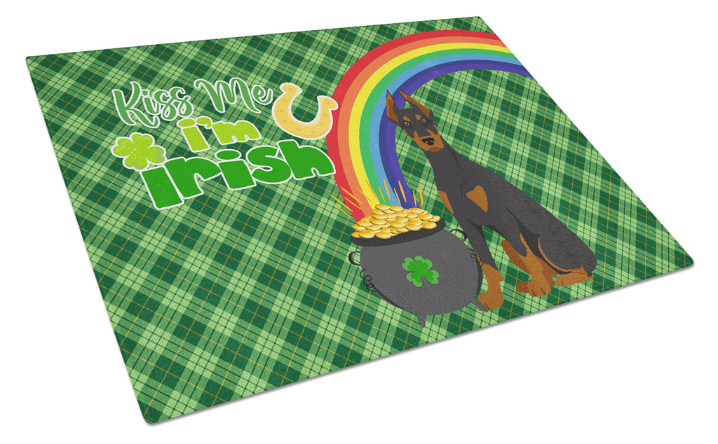 Black and Tan Doberman Pinscher St. Patrick's Day Cutting Board Tempered Glass Kitchen Cutting Surface, Heat Resistant Chopping, Non-Slip Feet, Food Prep & Serving