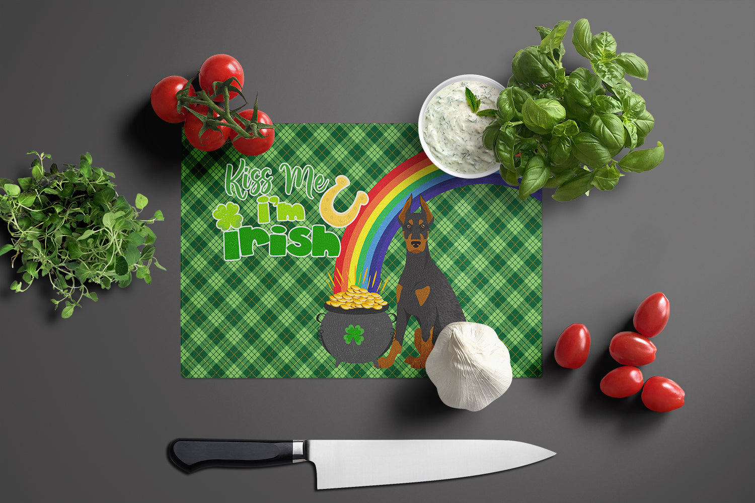 Black and Tan Doberman Pinscher St. Patrick's Day Cutting Board Tempered Glass Kitchen Cutting Surface, Heat Resistant Chopping, Non-Slip Feet, Food Prep & Serving
