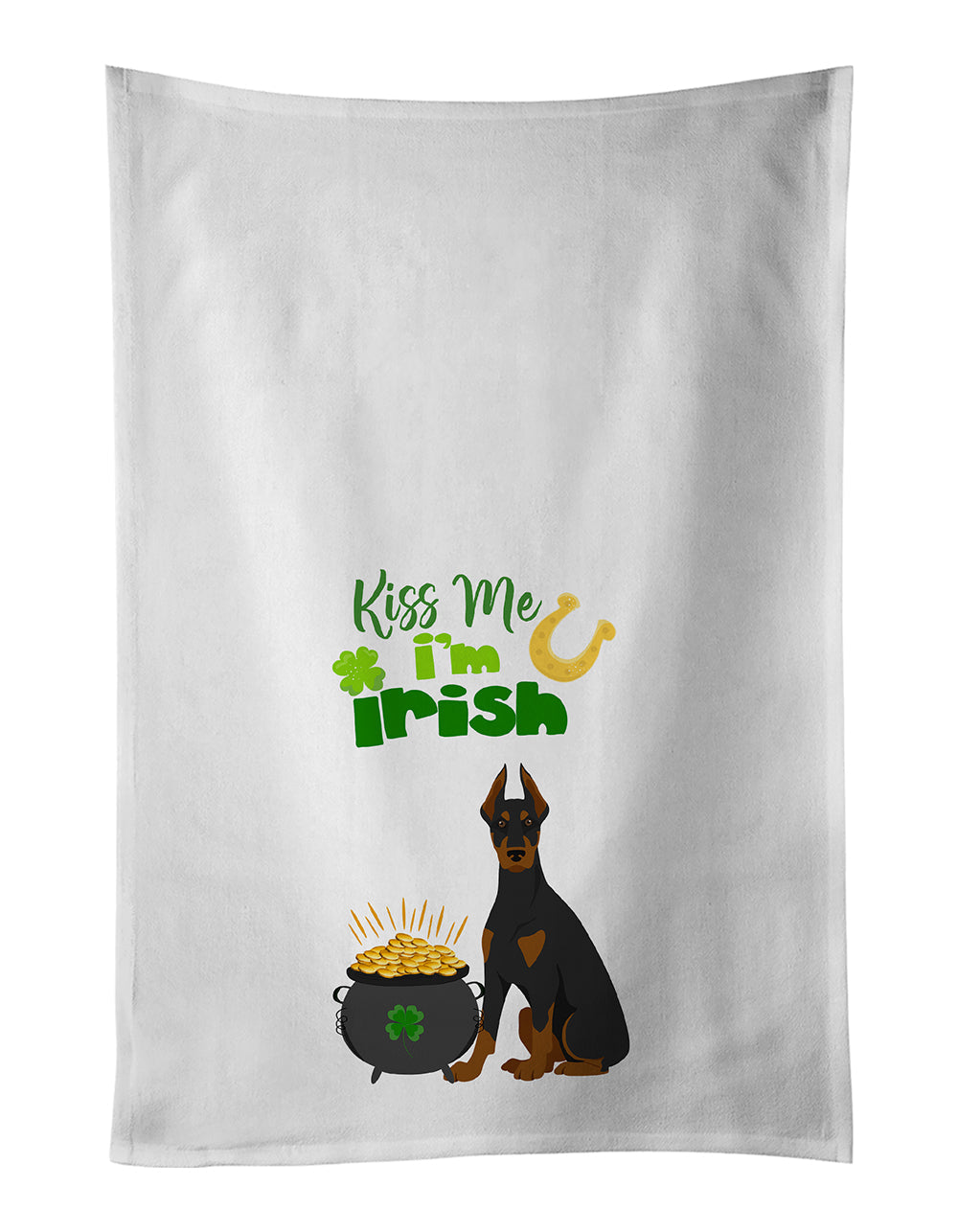 Black and Tan Doberman Pinscher St. Patrick's Day Kitchen Towel Set of 2 White Dish Towels Decorative Bathroom Hand towel for Hand, Face, Hair, Yoga, Tea, Dishcloth, 19 X 28", White