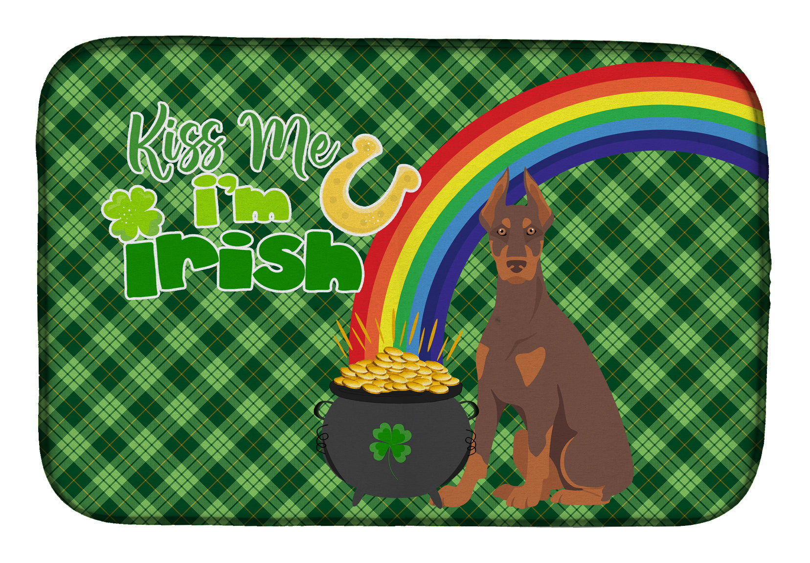 Red and Tan Doberman Pinscher St. Patrick's Day Dish Drying Mat Absorbent Dish Drying Mat Pad for Kitchen Counter Dish Drainer Mat for Countertop, 14 x 21", Multicolor